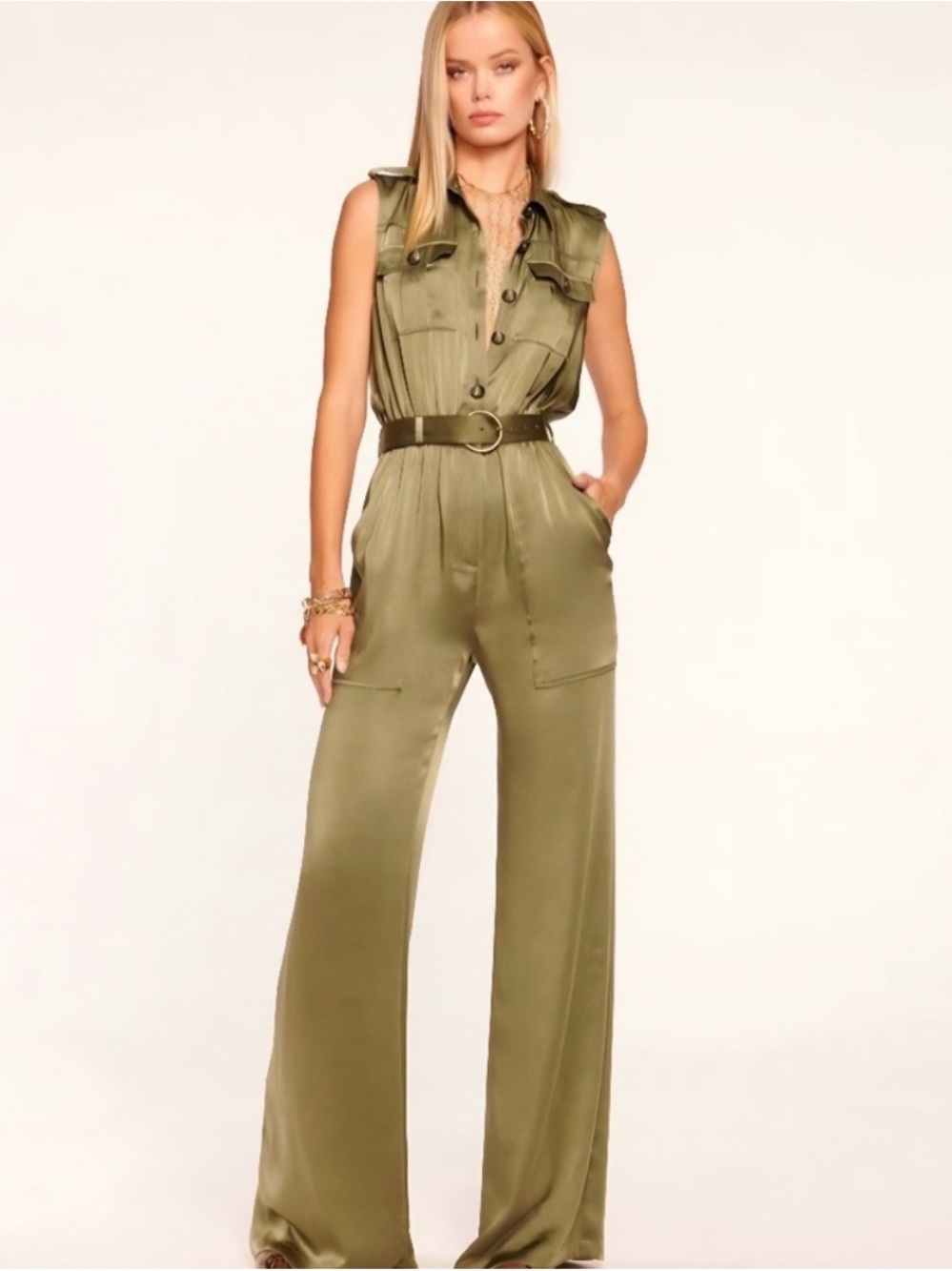 Ramy Brook army green bootcut jumpsuit with gold button detailing